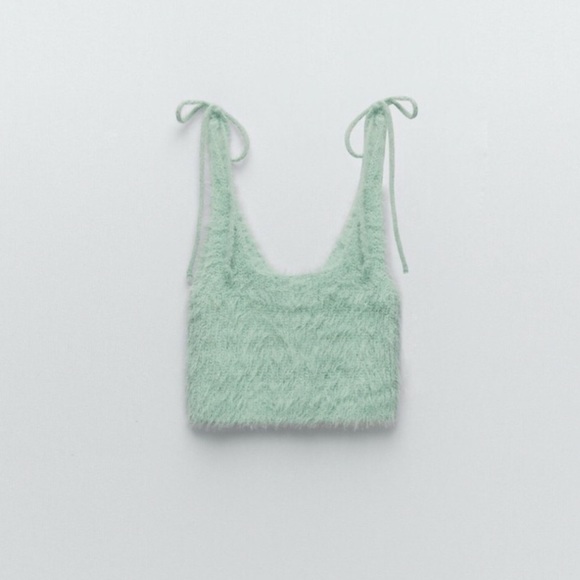 Zara Seafoam Mint Green Fuzzy Tie-Shoulder Crop Top Bralette. Size Small. - Picture 14 of 14
